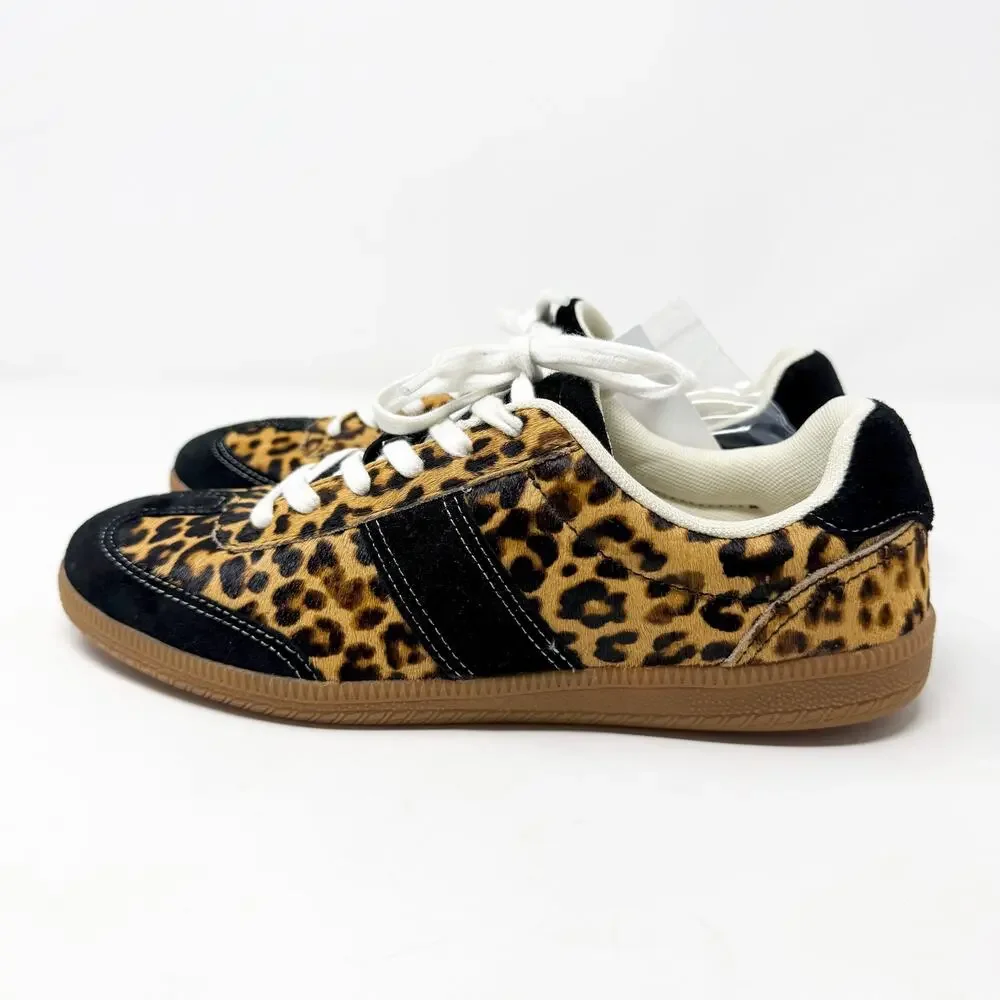 NWT J. Crew Black/Tan Calf Hair Leopard Print Casual Sneakers Women's 7 Lace Up